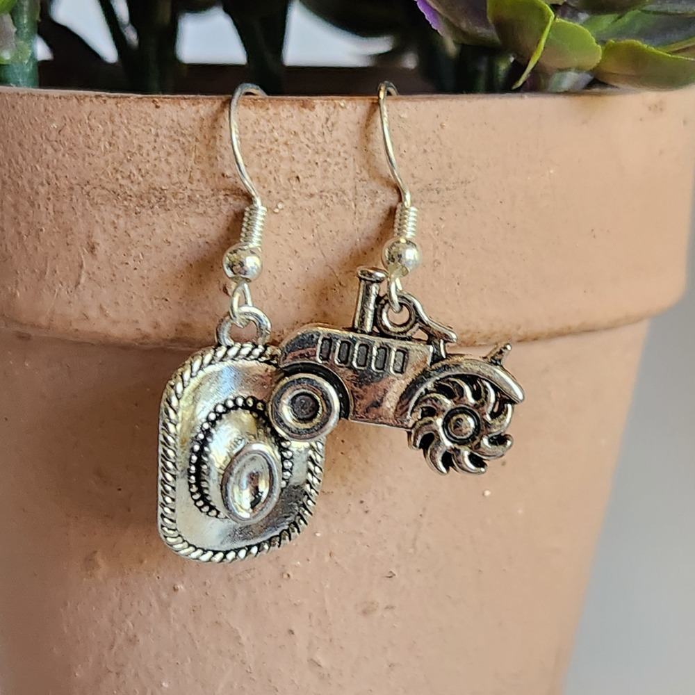 Western Mismatched Cowboy Hat and Tractor Silver Tone Dangle Earrings NEW - Picture 5 of 7